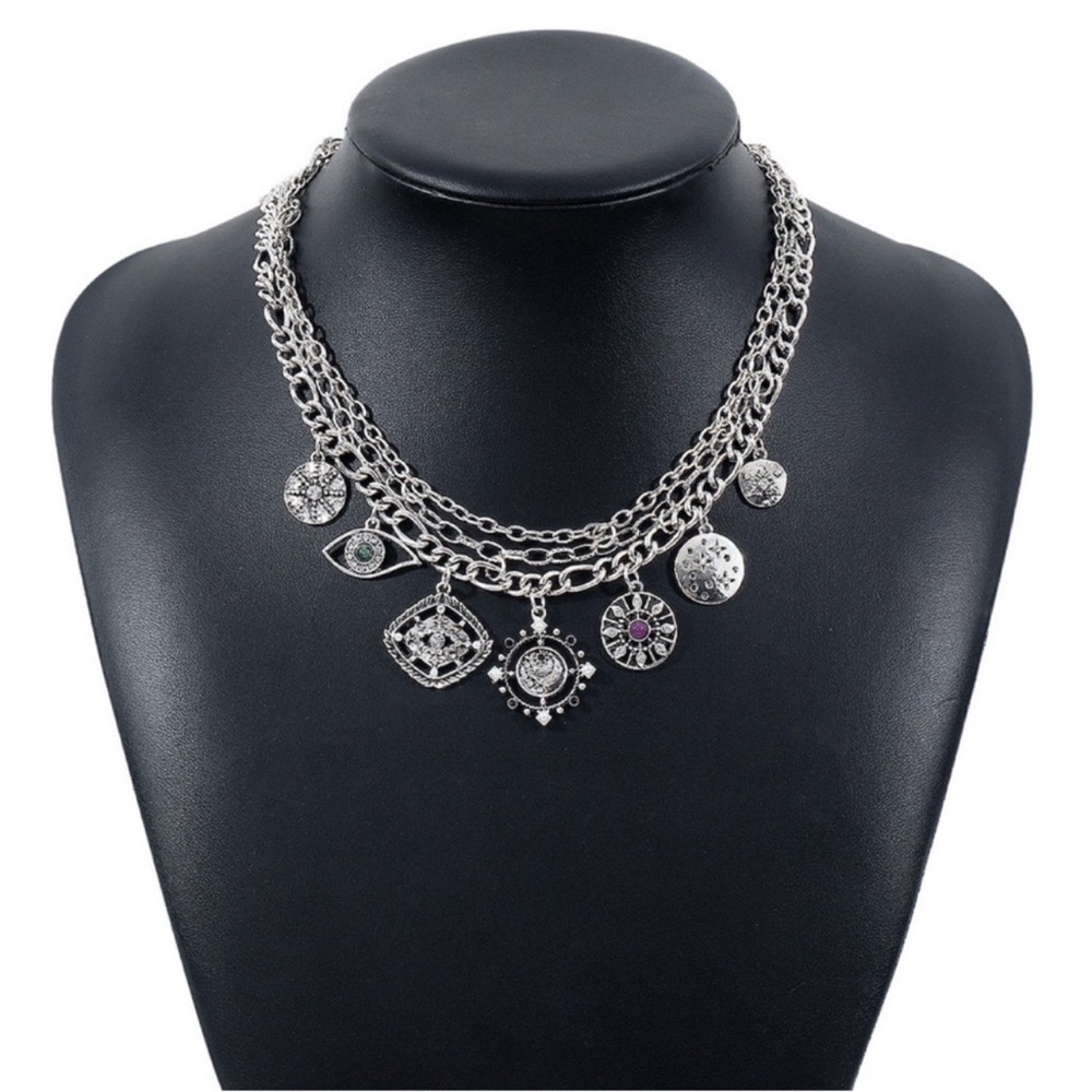 SALE Eye & Coin Charm Layered Pendant Necklace